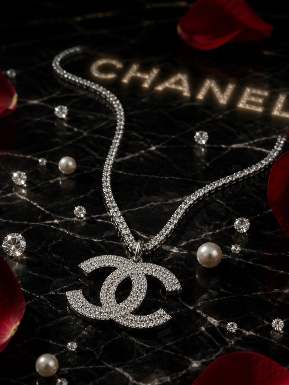 Fashion Jewelry Silver Crystal Interlocking CC Pendant Necklace